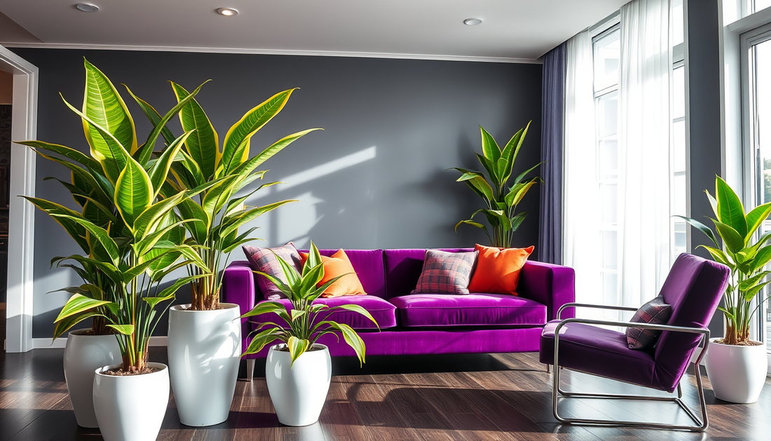 Elevate Your Living Room with Purple Furniture and Dracaena Song of India Plants