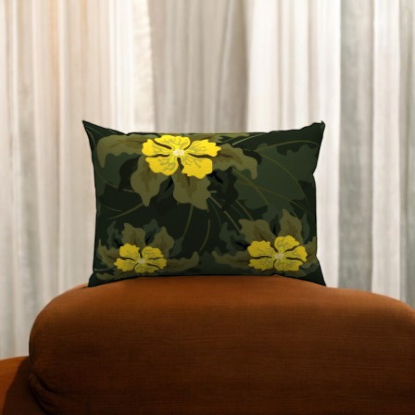 Yellow Leafy Cotton Lumbar Pillow